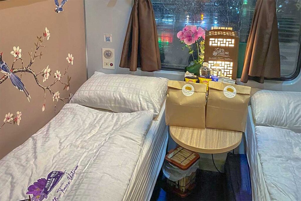 Interior of one of the train cabins inside Violet Express that runs from Hanoi to Hue