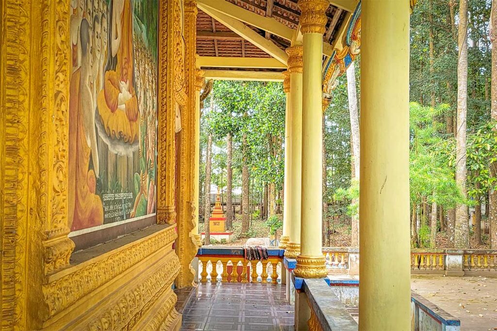 Side view of Bat Pagoda (Chùa Dơi) in Soc Trang showing murals of Buddha’s life and surrounding trees.