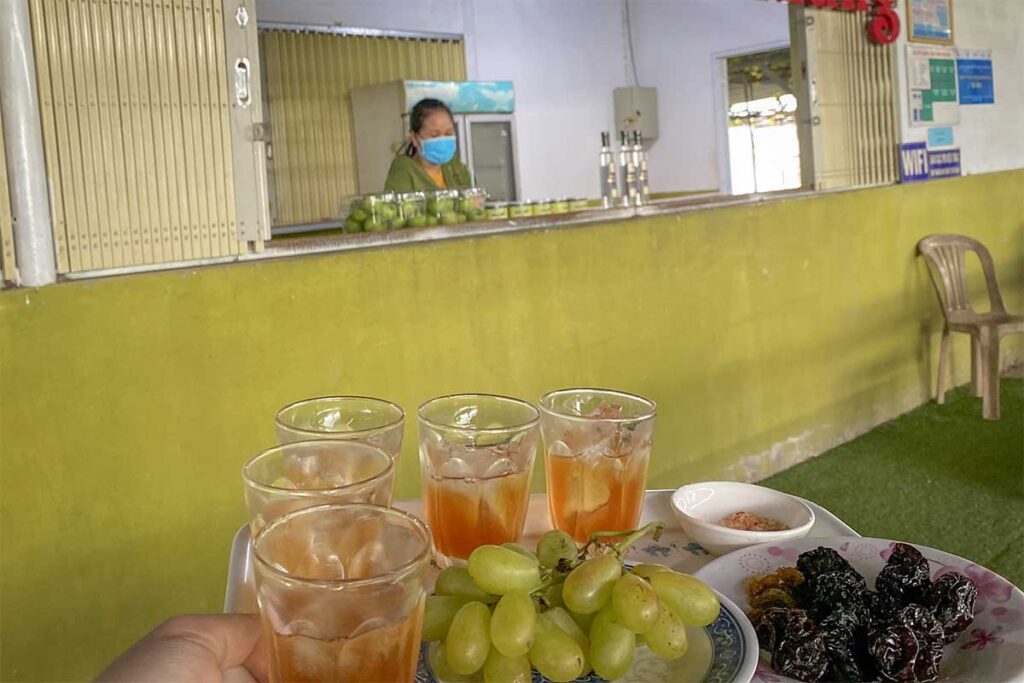 Grape wine, juice, and dried fruit tasting at Ba Moi Vineyard in Ninh Thuan, Vietnam.