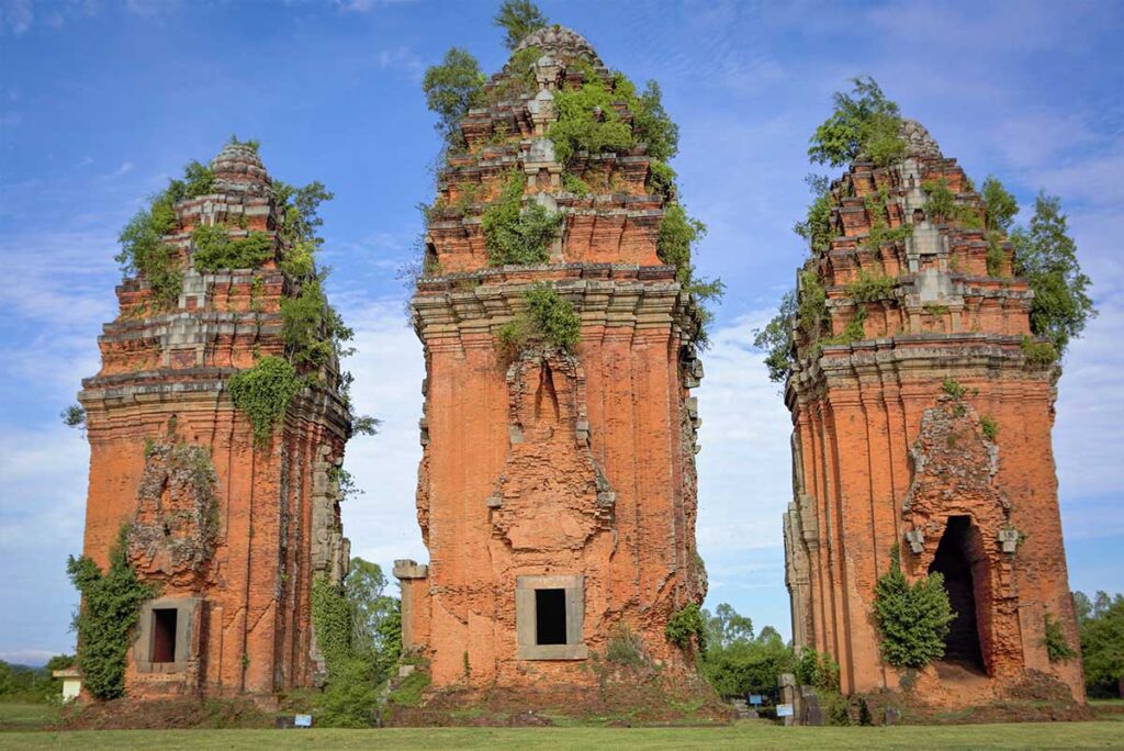 rontal view of the three Duong Long Cham Towers, showing weathered brick walls and overgrown vegetation on their rooftops.