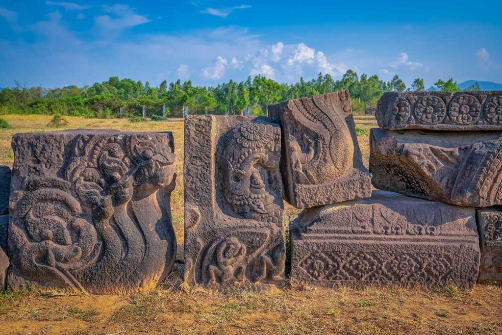 Cham sandstone carvings at Duong Long Towers depicting mythical creatures and naga serpents, preserved as loose blocks on site.