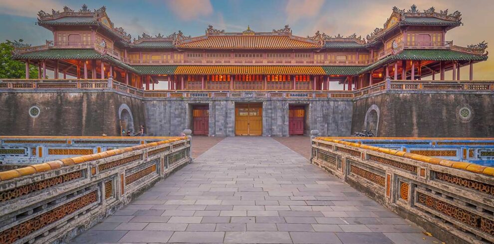 Hue Imperial City – Local Vietnam tours | main gate of the Hue Citadel at sunset with historic Nguyen Dynasty architecture