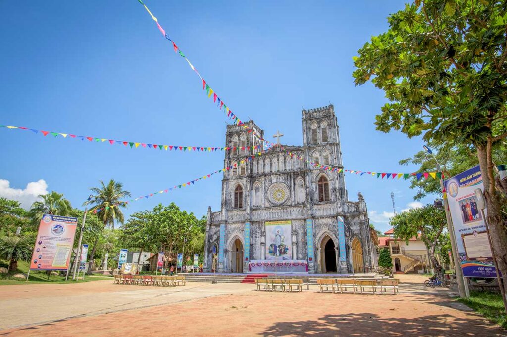 Mang Lang Church near Tuy Hoa, one of Vietnam’s oldest Catholic churches with weathered Gothic-style architecture.