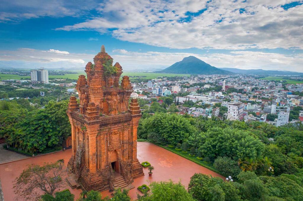 Aerial view of Nhan Temple on Nhan Mountain overlooking Tuy Hoa city and surrounding landscape