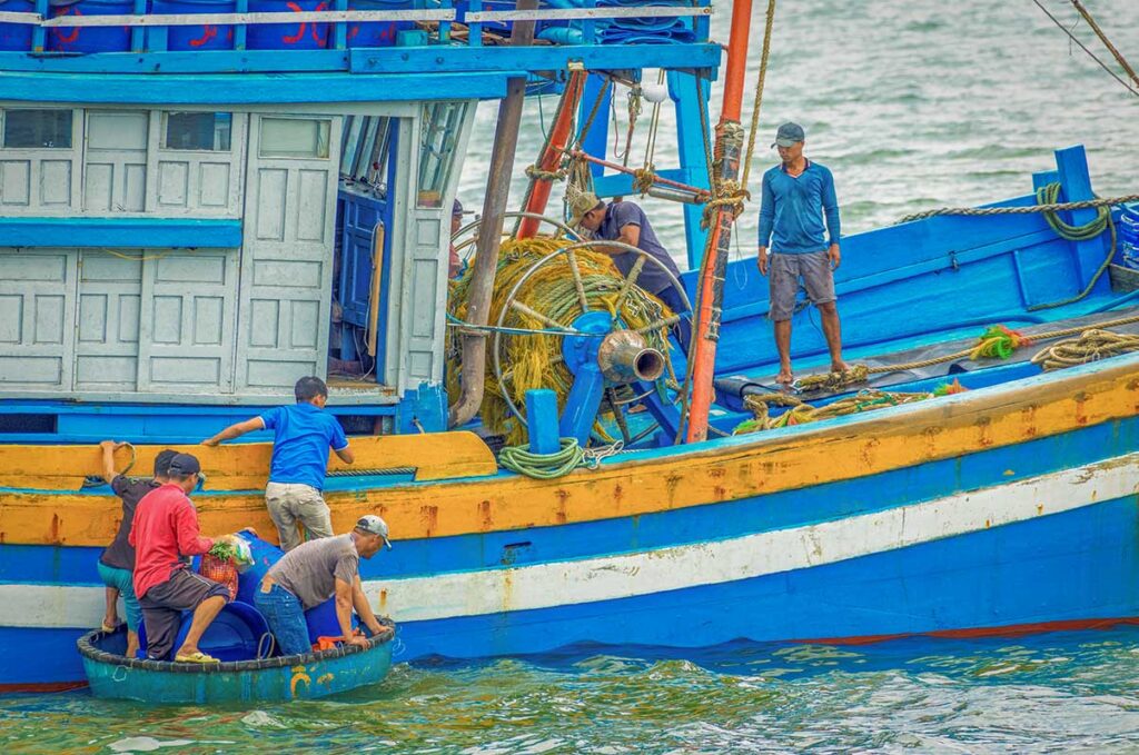 Fishermen working with basket boats – Local men transferring supplies from a coracle to a larger wooden fishing boat, showing daily life in Nhon Hai.