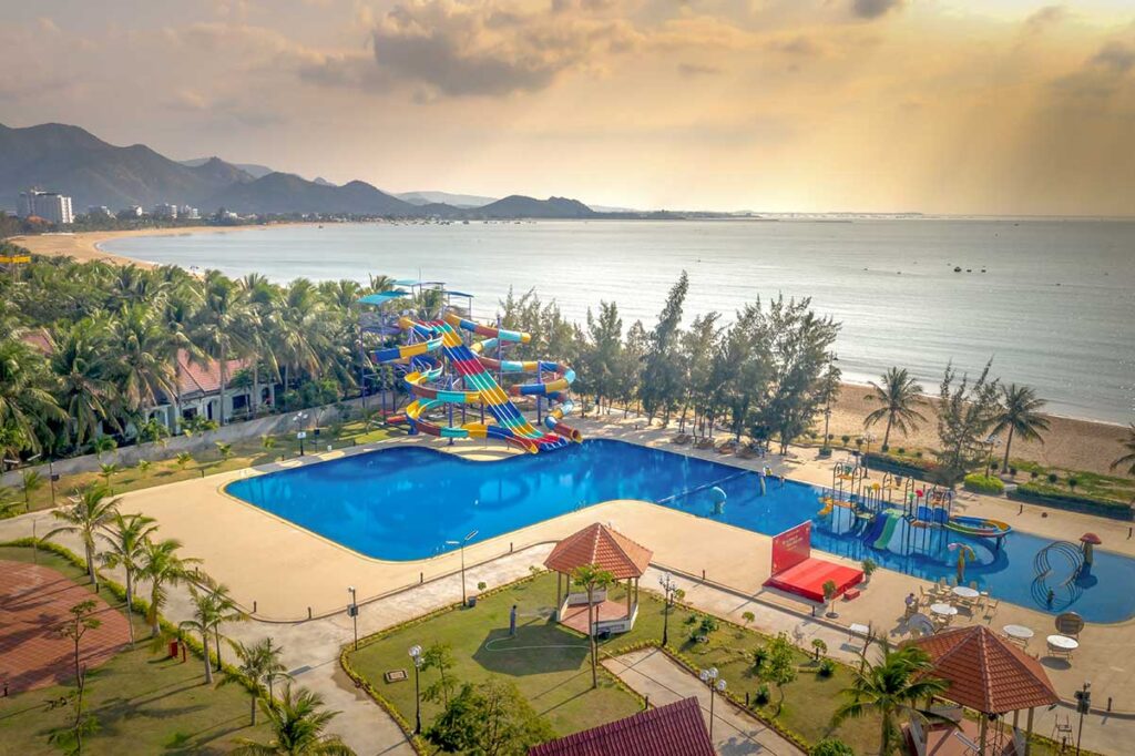 Beachfront resort complex at Ninh Chu Beach, Phan Rang, with swimming pool, villas, and direct access to the sea.
