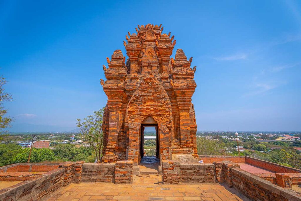 Gate Tower (Gopura) at Po Klong Garai Temple in Phan Rang, Vietnam, the ceremonial entrance with views across the surrounding plains.