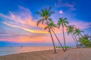 Tropical sunset with palm trees on a sandy beach in Phu Quoc — a relaxing finale to our 3-week Vietnam tour traveling from north to south through the country’s highlights.