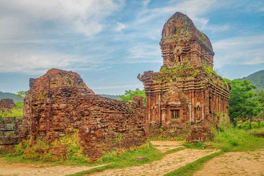 Ancient Cham temple ruins at My Son Sanctuary, an essential archaeological stop on historical Central Vietnam tours.
