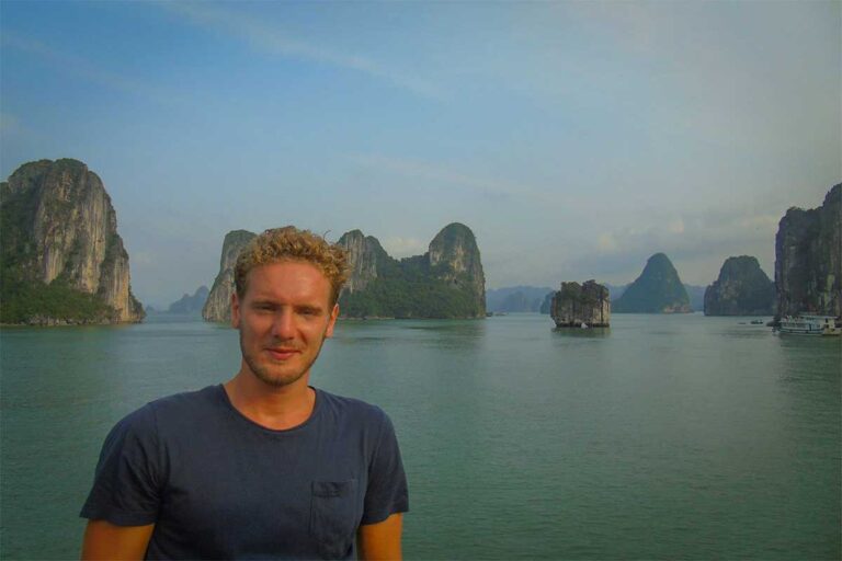Vietnam travel specialist Marnick Schoonderwoerd on a Lan Ha Bay cruise, researching the lesser-known alternative to Ha Long Bay for Local Vietnam tours.