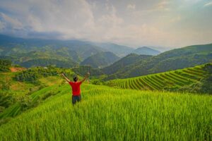 Traveler standing in lush green rice terraces of Sapa — a classic view found on adventure-filled Vietnam tours and rural Vietnam itineraries.