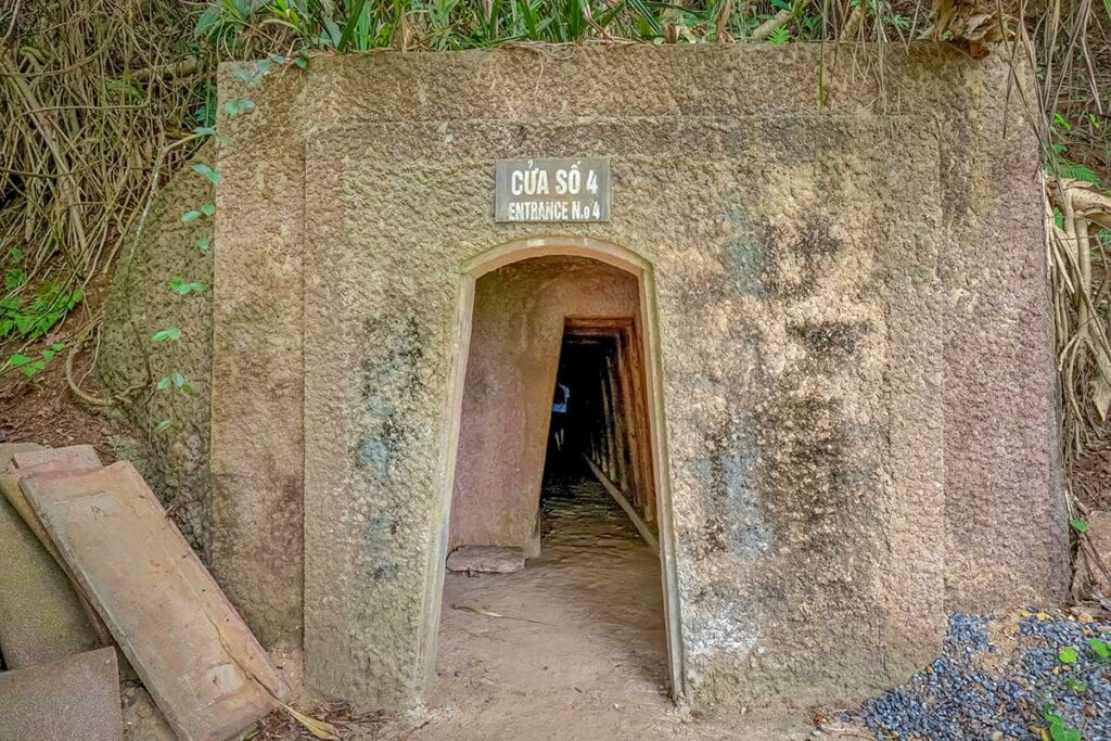 Vinh Moc Tunnel tours visiting the narrow underground entrances used during the Vietnam War