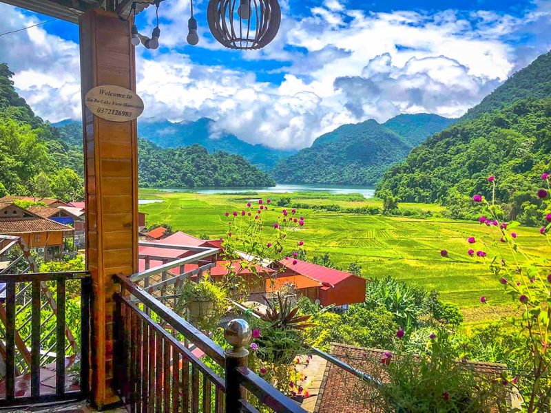 The view over rice fields and Ba Be Lake from a local homestay