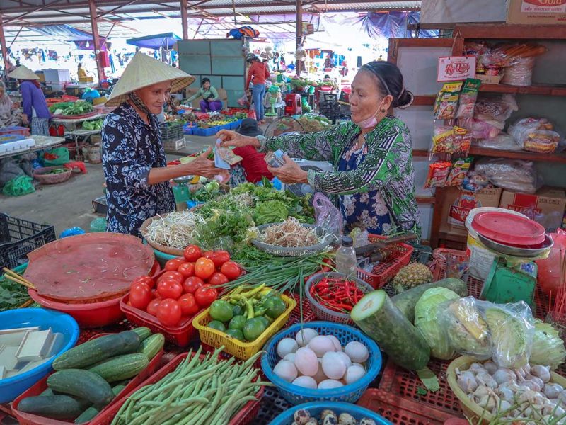 ba le market hoi an 9 Woman buying fresh vegetables from a vendor at Ba Le Market in Hoi An, surrounded by tomatoes, cucumbers, herbs, and daily produce.