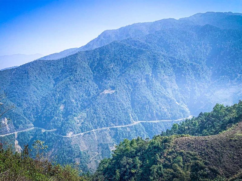 The road of Khau Pha Pass viewed from far away on opposite mountain